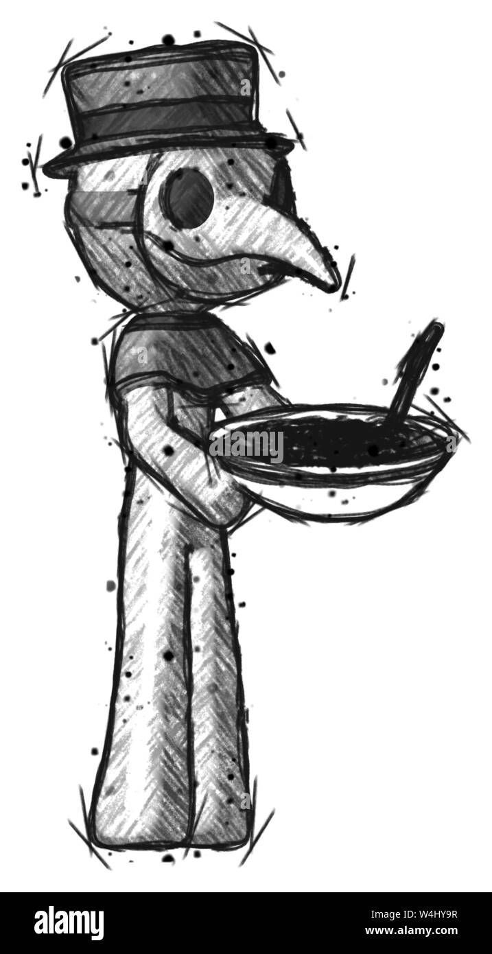 Skizze Arzt Mann mit Nudeln mit viewer Pest. Stockfoto