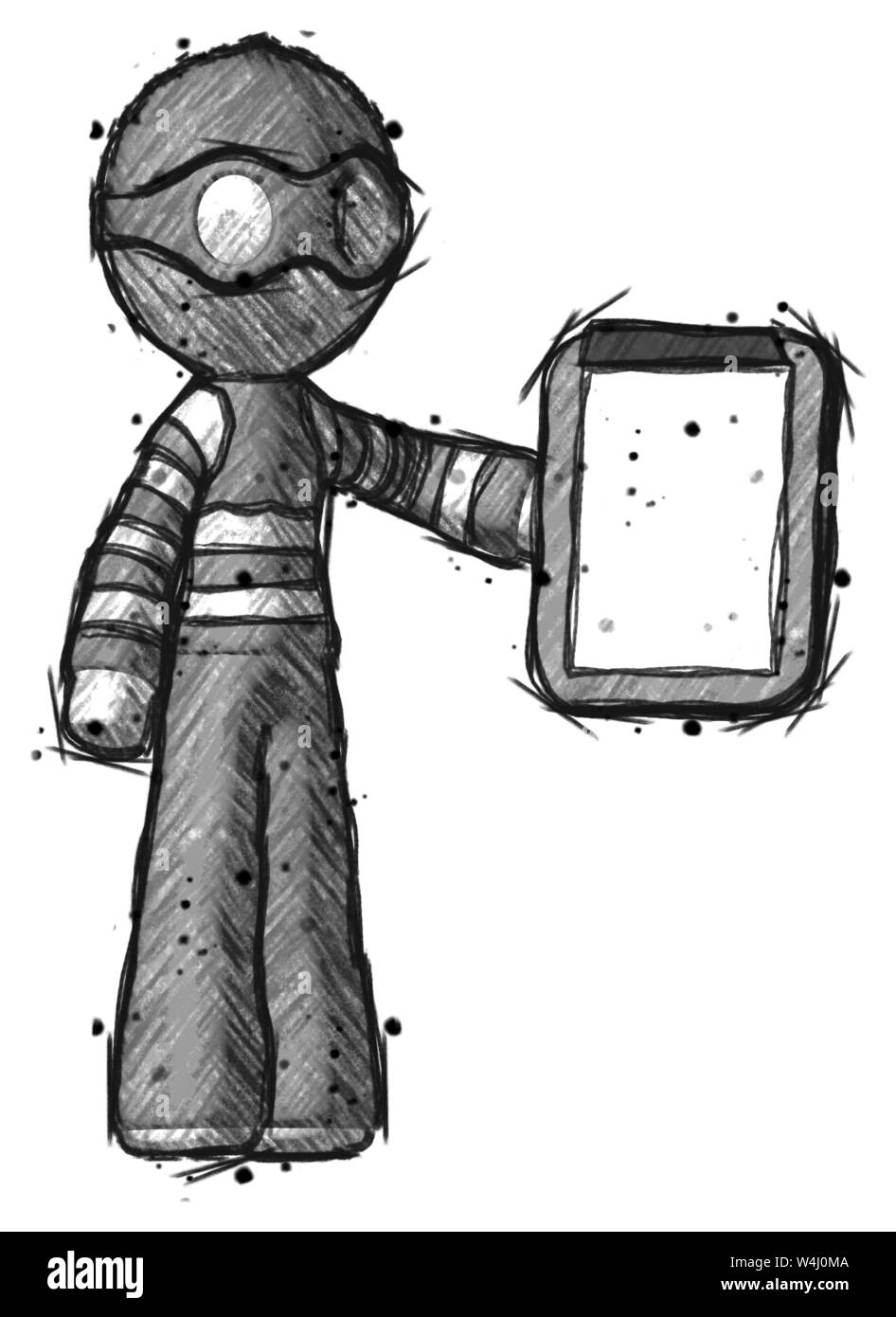 Skizze Dieb Mann mit Zwischenablage Viewer. Stockfoto