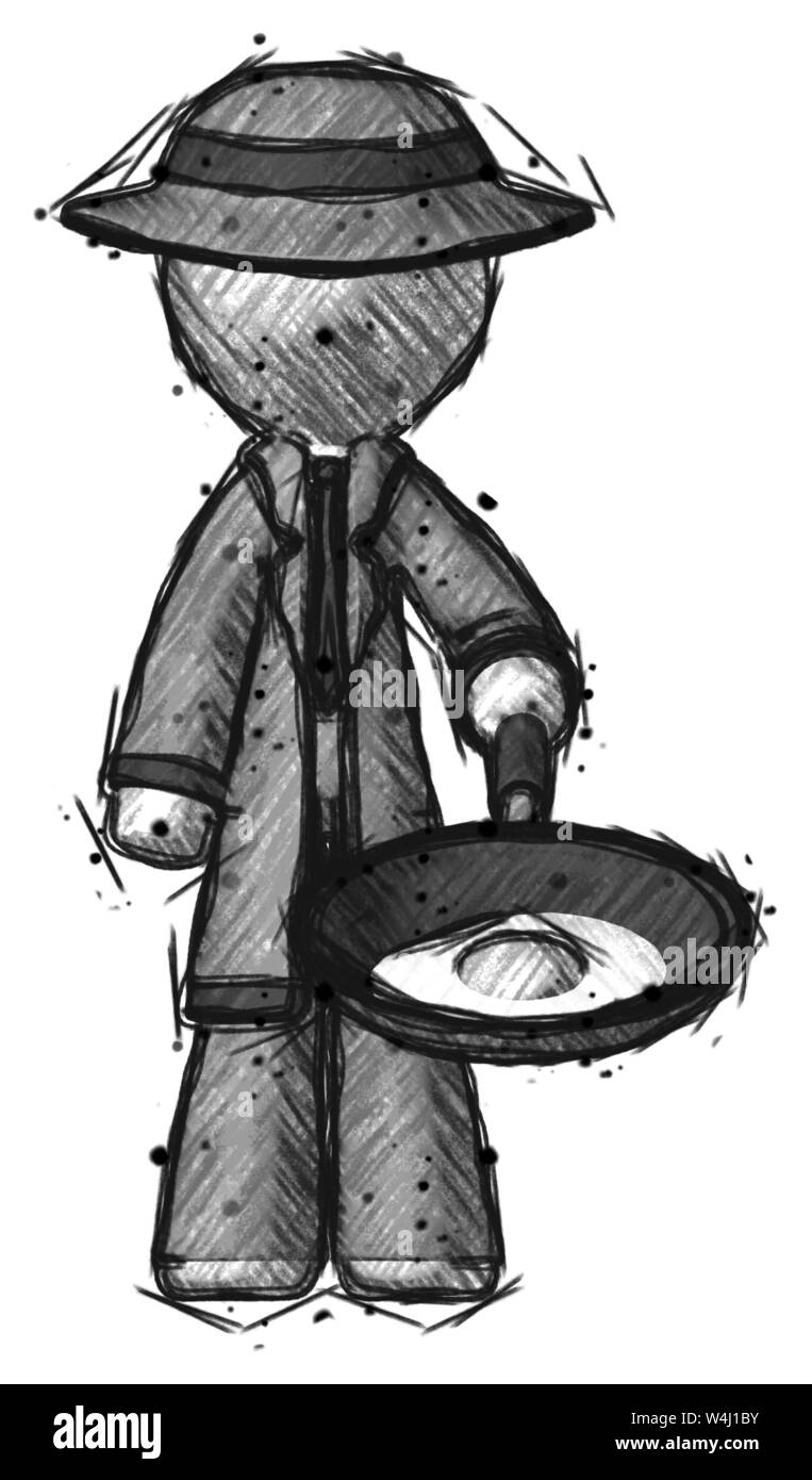 Skizze Detektiv Mann braten Ei in der Pfanne oder im Wok. Stockfoto