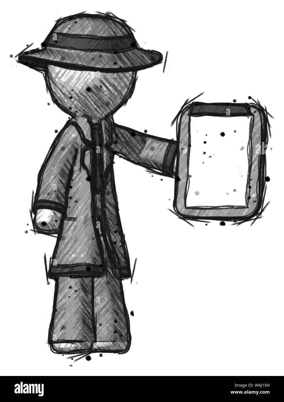 Skizze Detektiv Mann mit Zwischenablage Viewer. Stockfoto