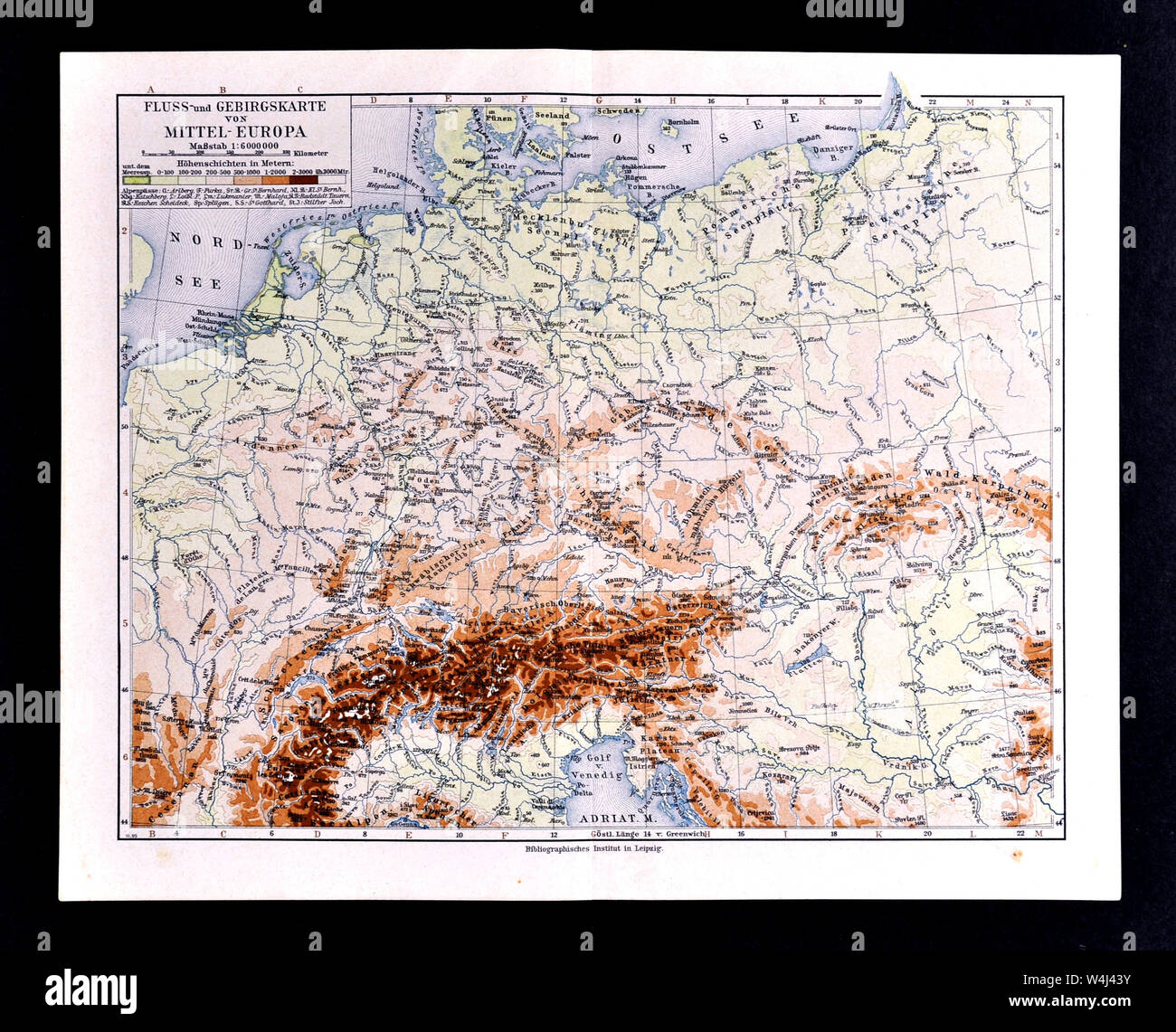1900 Meyer physische Karte von Mitteleuropa Stockfoto