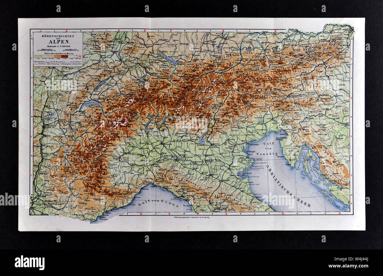 1900 Meyer physische Karte von Nord Italien, die Schweiz und die österreichischen Alpen. Stockfoto