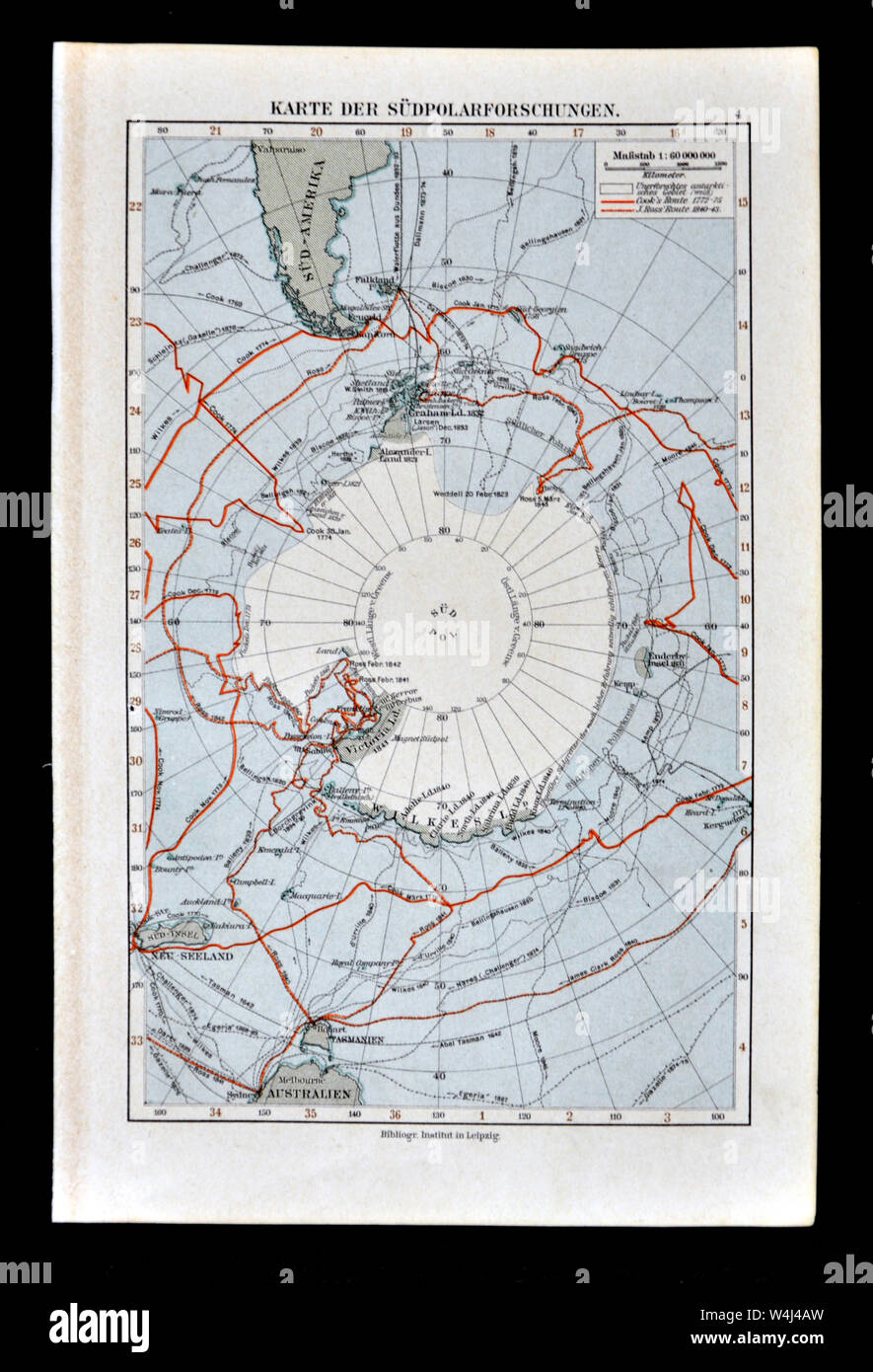 1900 Meyer Karte der Antarktis zeigen frühe Erkundung Routen Stockfoto