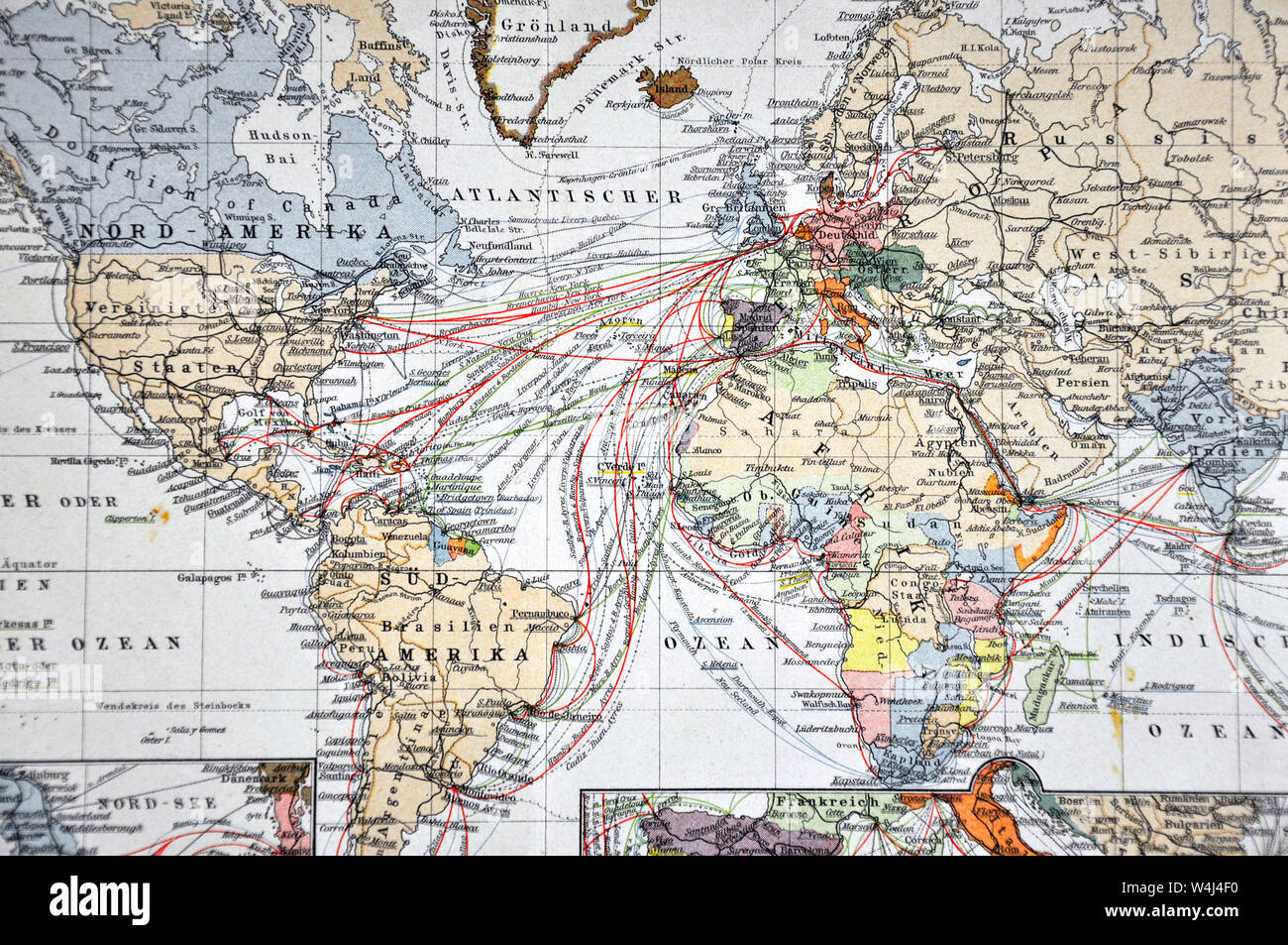 1900 Meyer World Map Atlantic Ocean Dampfer Routen Nord- und Südamerika nach Europa & Afrika Stockfoto