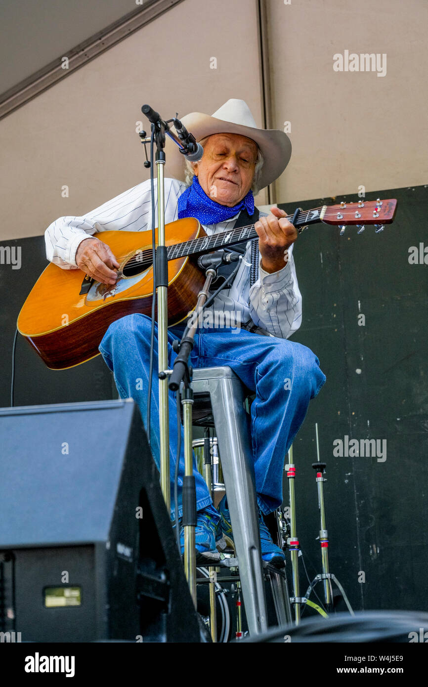 Ramblin' Jack Elliott bei 89, Vancouver Folk Music Festival, Vancouver, British Columbia, Kanada Stockfoto