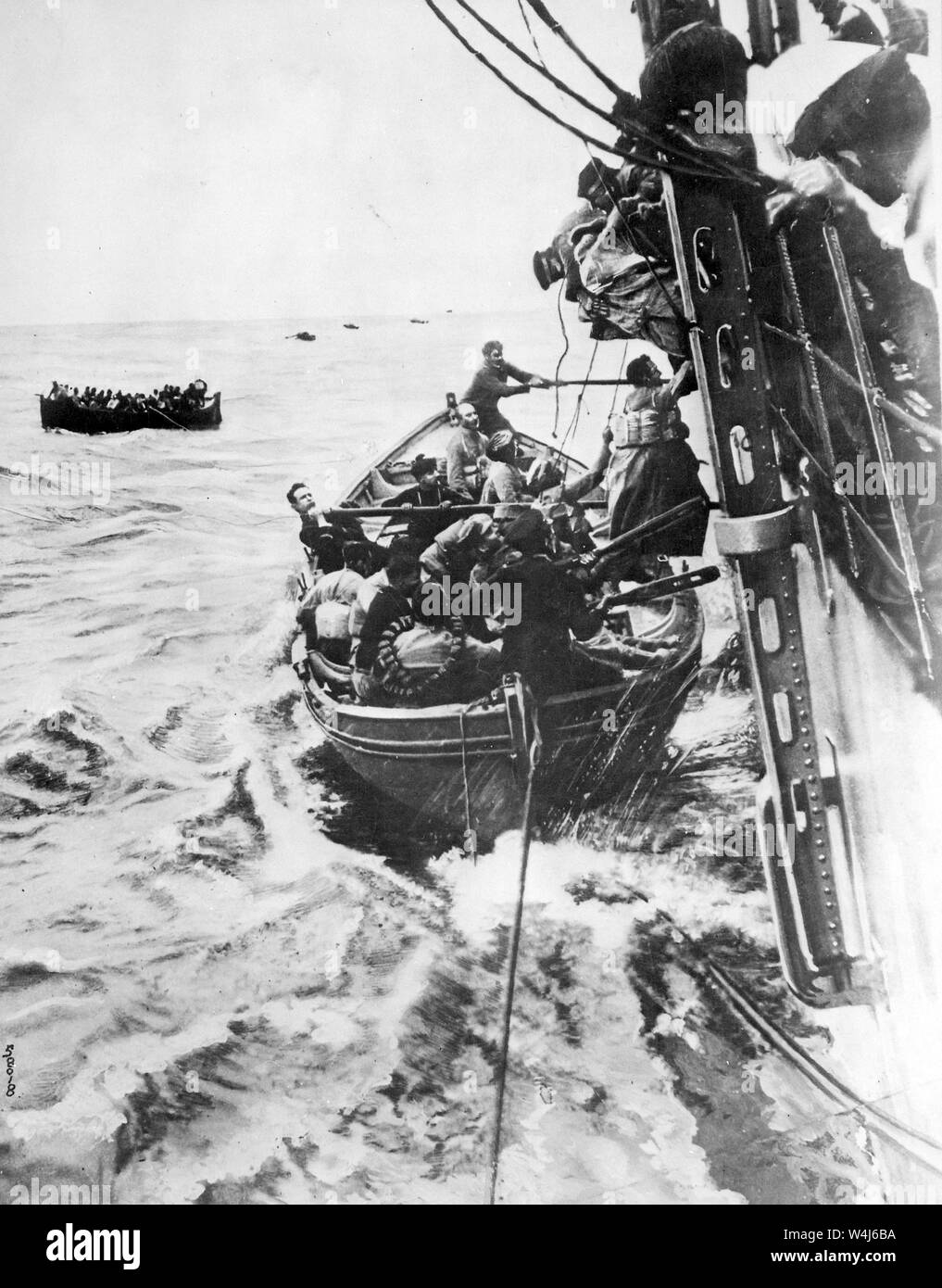 Passagiere gerettet aus dem Französischen Liner Sontay, Französisch liner Sontay Untergang im Mittelmeer nach dem von einem deutschen U-Boot torpediert wird, während des Ersten Weltkrieges vom 16. April 1917 Stockfoto