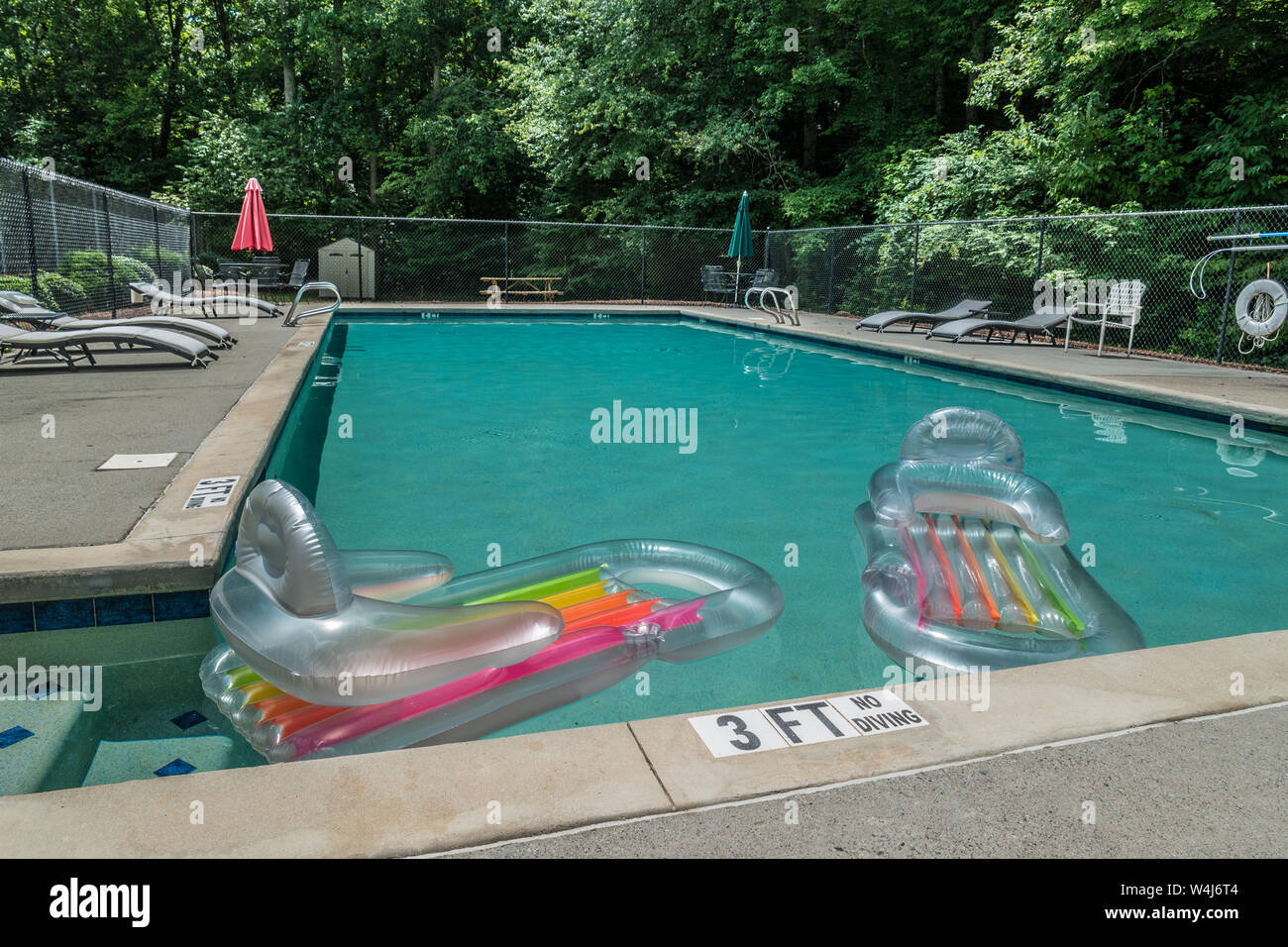 Zwei aufblasbare schwimmt im Pool schwimmen um an einem heißen sonnigen Nachmittag im Sommer mit niemand im Wasser Stockfoto