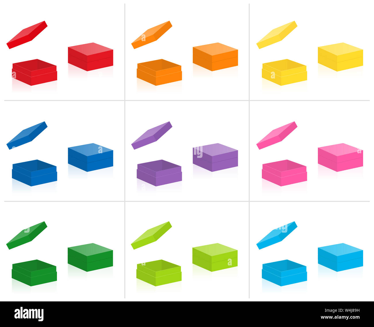 Flache Geschenkboxen. Flacher Schuh-, Spielzeug, Schmuck oder Boxen mit offenen und geschlossenen Deckel. Bunte Reihe von neun Pakete - 3d-Abbildung auf Weiß. Stockfoto