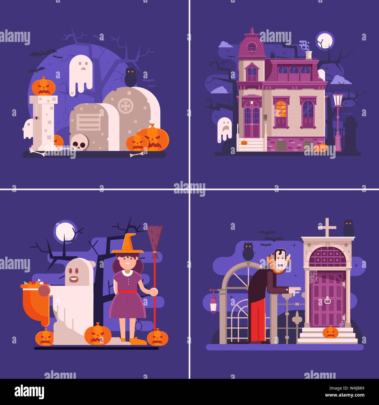 Flache Halloween Nacht Banner mit unheimlichen Szenen Stock Vektor