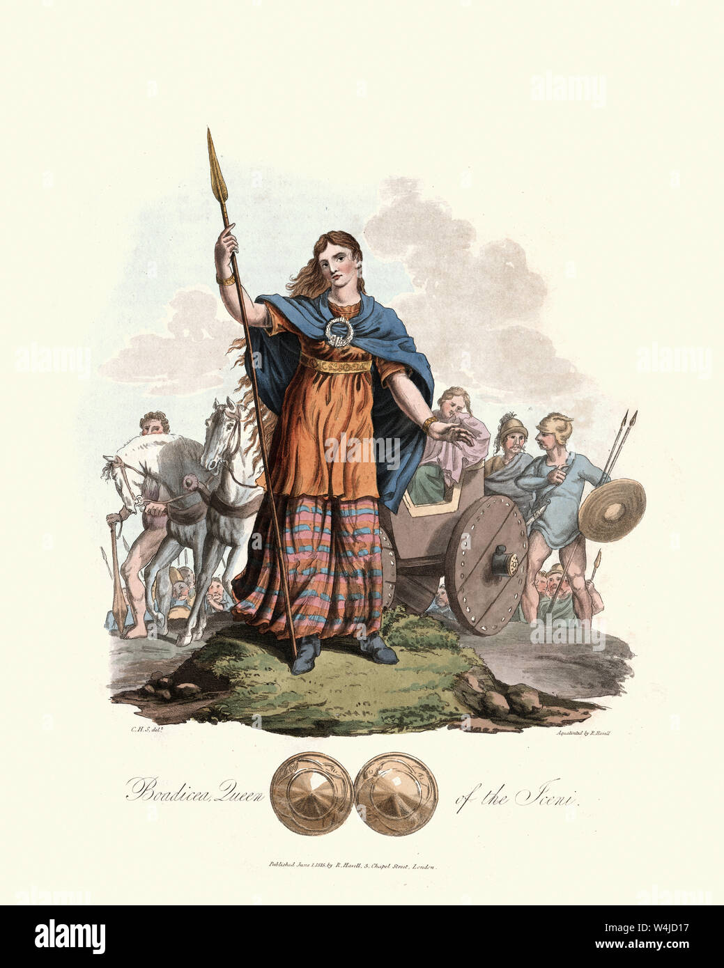 Vintage Gravur von Boudica (boudicca), Königin der Iceni. 1815, das Kostüm der ursprünglichen Einwohner der Britischen Inseln, von MEYRICK, Samuel Stockfoto
