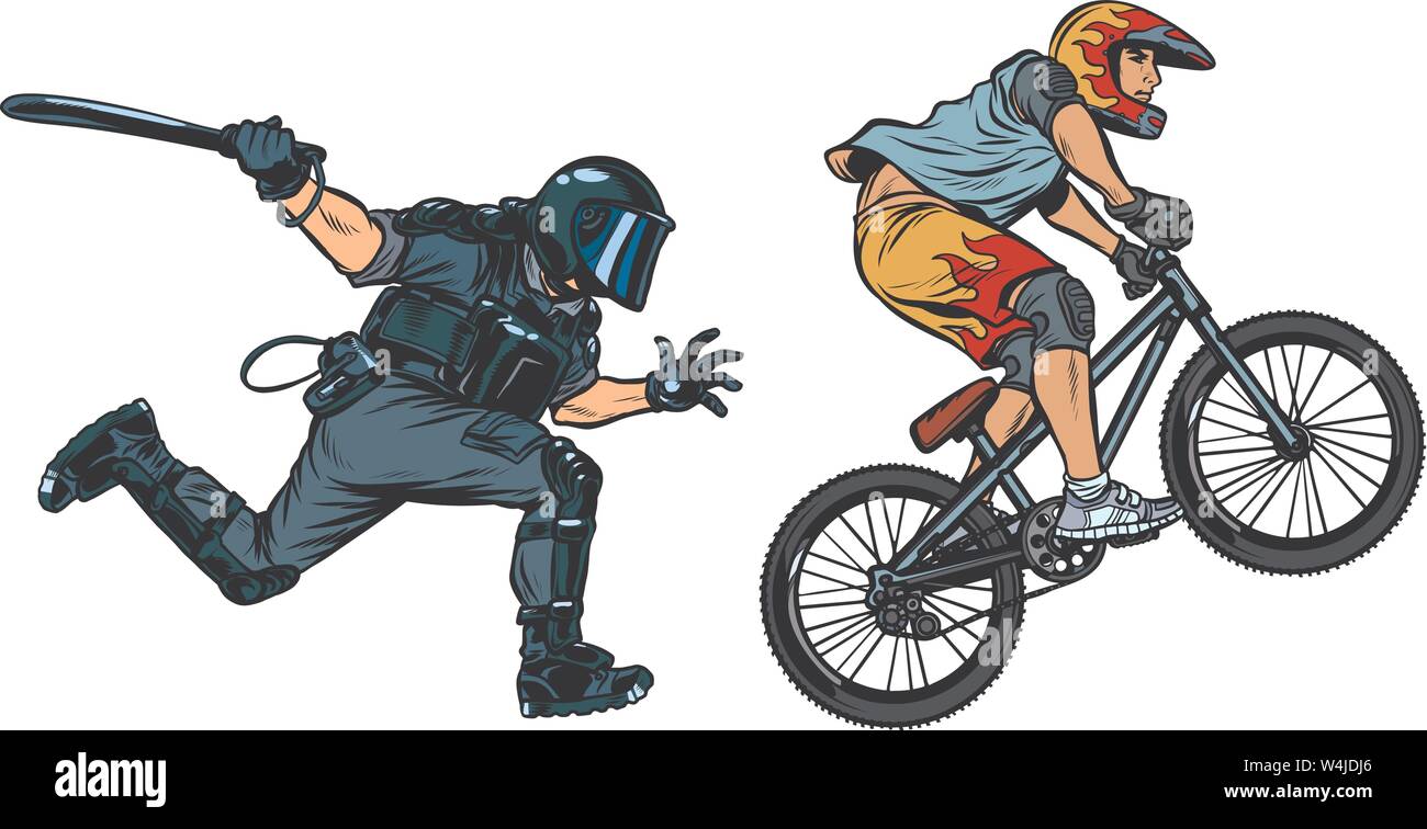Extreme Sport Radfahrer. Polizisten mit einem Schlagstock Stock Vektor