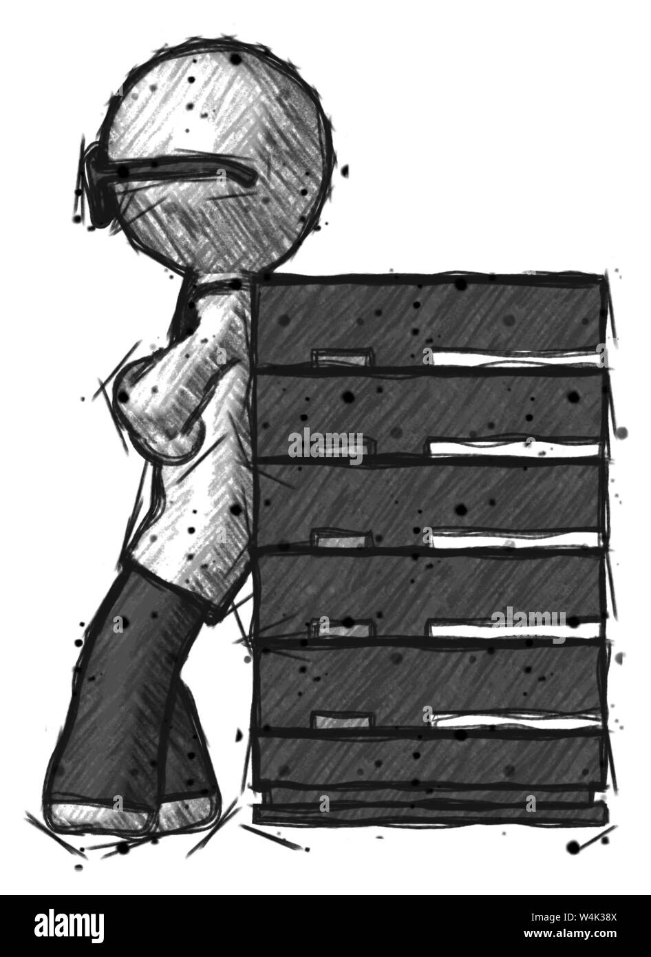 Skizze Arzt Wissenschaftler Mann gegen server rack ruht. Stockfoto