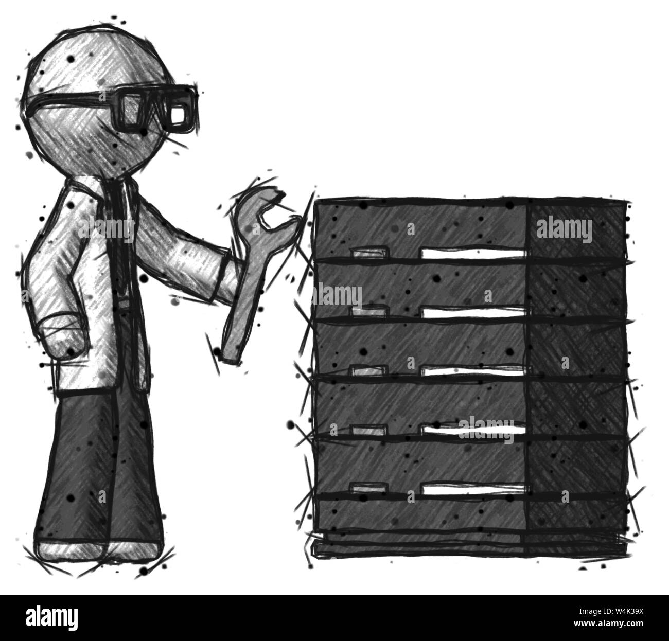 Skizze Arzt Wissenschaftler Mann server administrator Reparaturen zu tun. Stockfoto