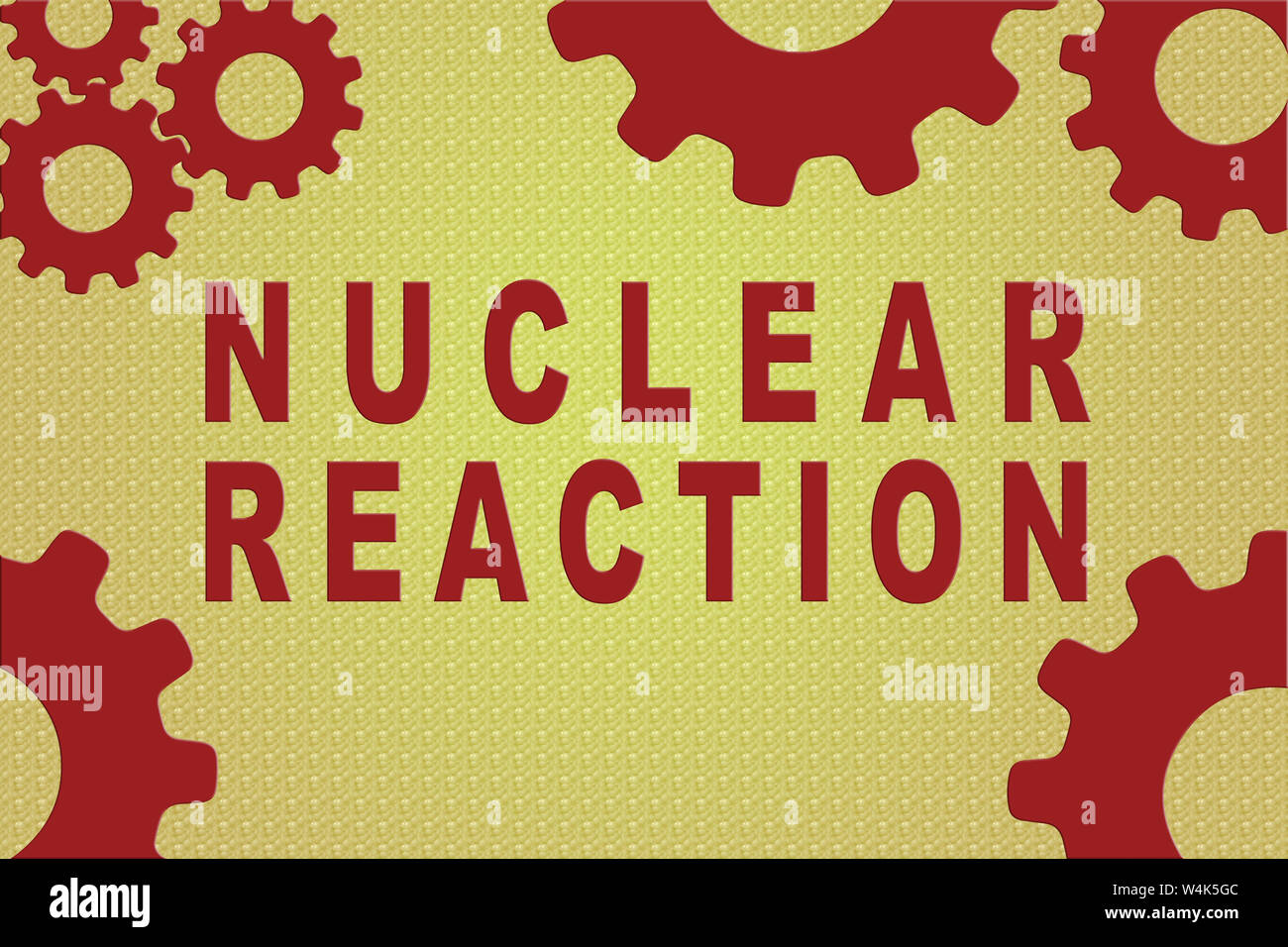 Nukleare Reaktion sign Konzept Abbildung mit roten Zahnrad Zahlen auf gelbem Hintergrund Stockfoto