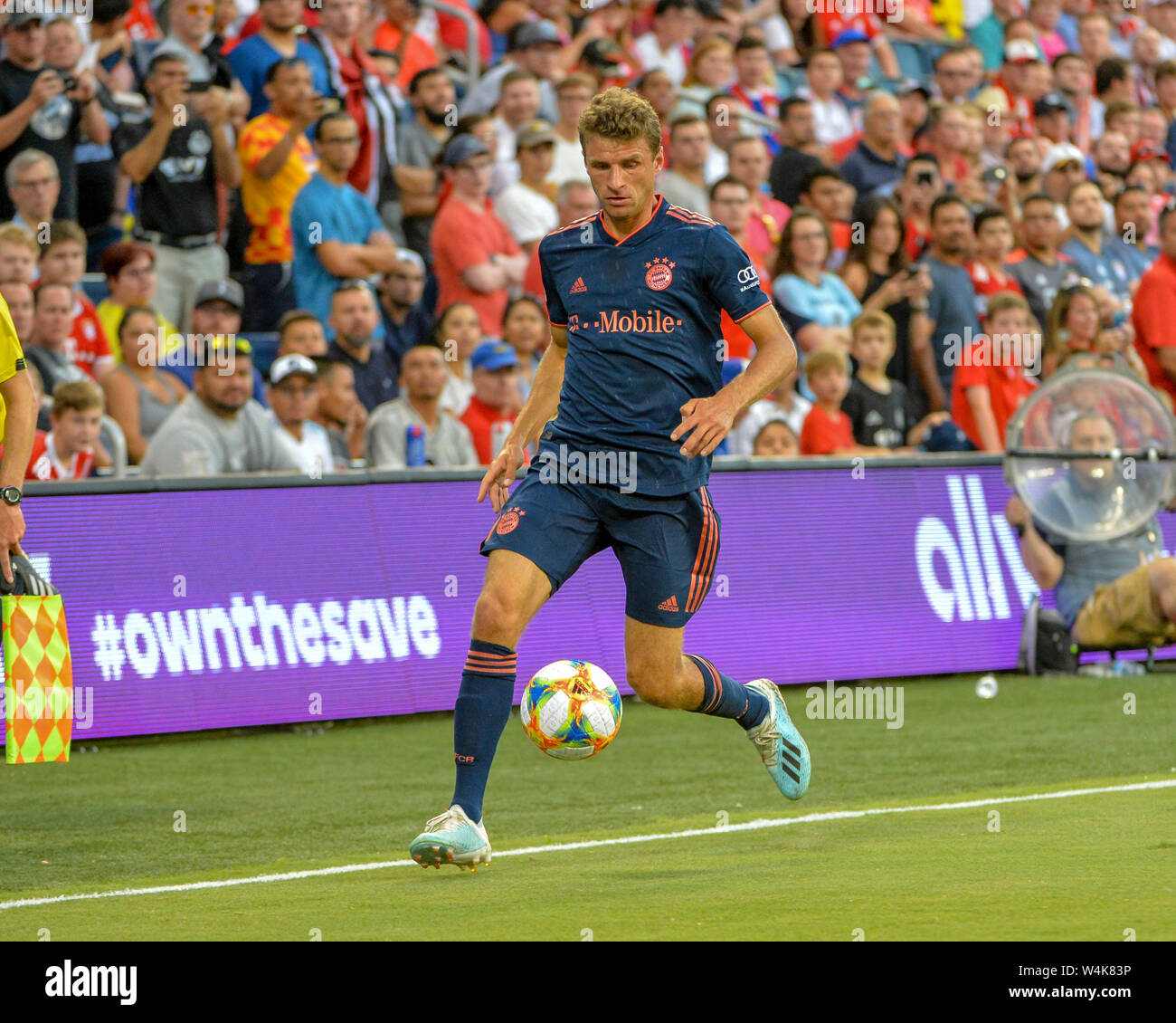 Kansas City, KS, USA. 23. Juli, 2019. Bayern vorwärts, Thomas Müller (25), in der Tätigkeit während der 2019 Internationale Champions Pokalspiel zwischen dem AC Mailand und dem FC Bayern, am Children's Mercy Park in Kansas City, KS. Bayern besiegt AC Mailand, 1-0. Kevin Langley/Sport Süd Media/CSM/Alamy leben Nachrichten Stockfoto