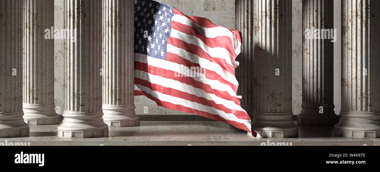 US-Behörde oder die amerikanische Demokratie Konzept. USA-Flagge, classic Marmor Stein spalten Gebäude, Banner. Säulen colonade. 3D-Darstellung Stockfoto