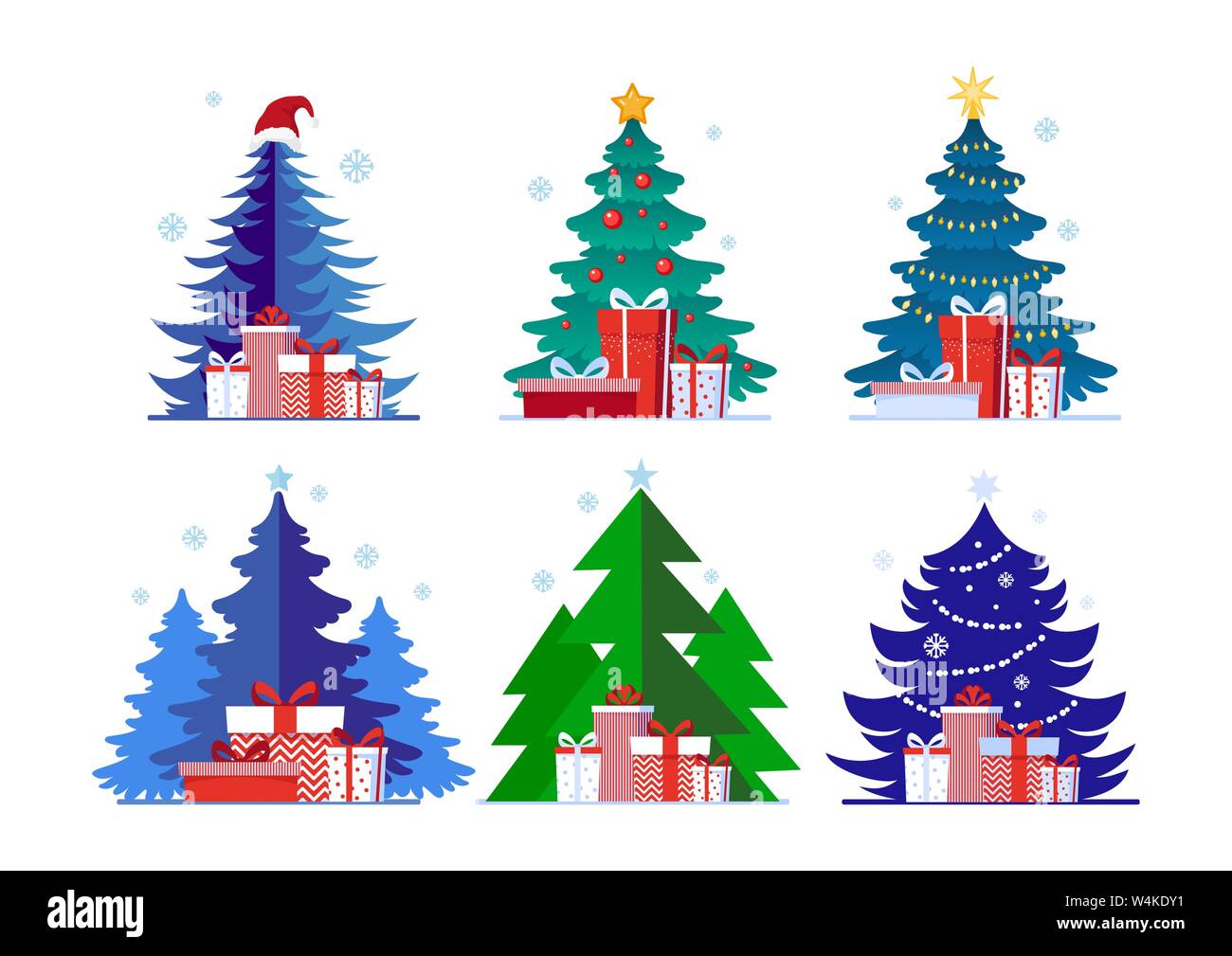 Sammlung verschiedener Weihnachtsbäume mit Geschenkboxen. Winter dekorative Set im Cartoon Stil auf weißen Hintergrund für Postkarte, Banner, isoliert, Grüße. Vektor Illustration. Stock Vektor