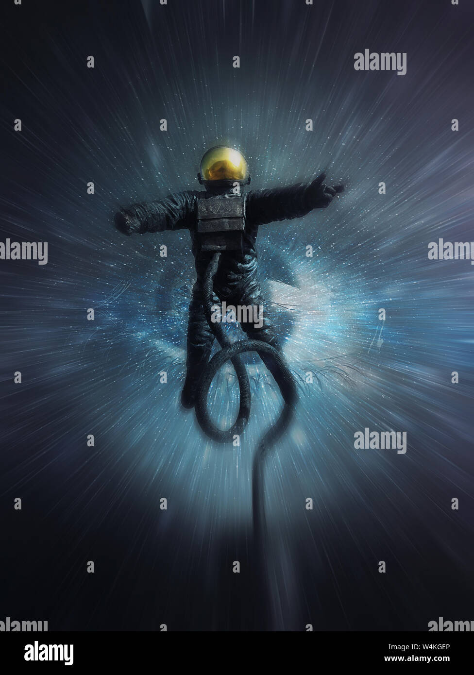 Astronauten durch das kosmische Auge absorbiert. Ins Nichts Zusammenbruch als Kosmonaut bewegen auf Lichtgeschwindigkeit von der Schwerkraft eines unbekannten Galaxie angezogen wird. Inspi Stockfoto