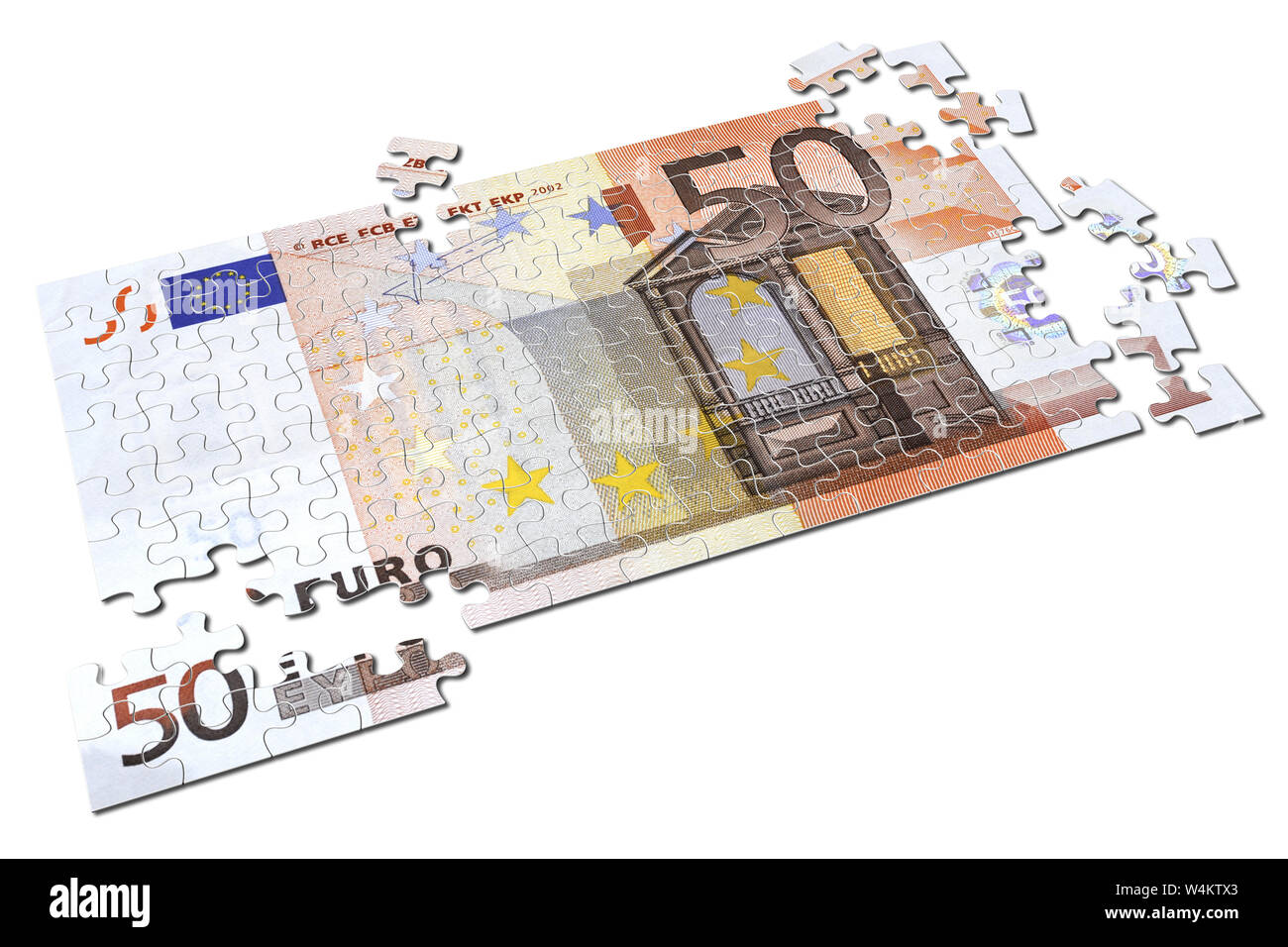 3D-Darstellung. 50 euro Puzzle auf weißem Hintergrund Stockfoto