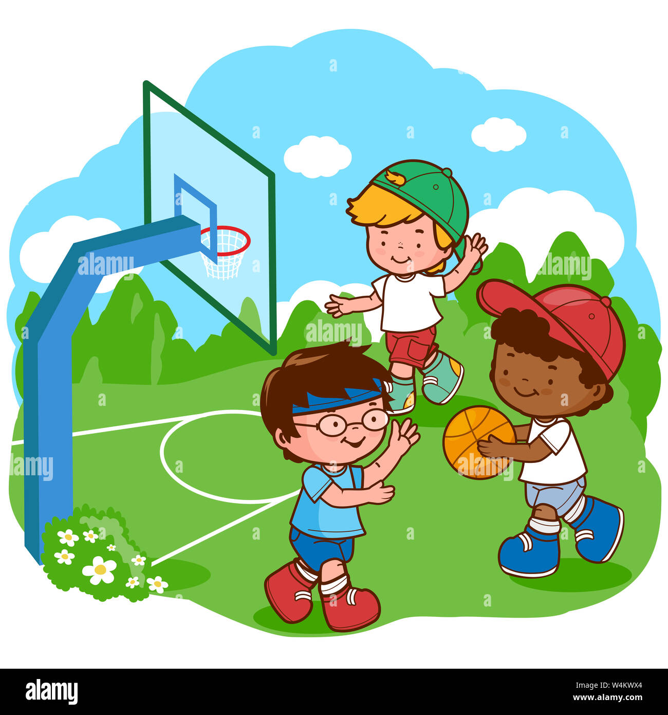 Drei Jungs spielen Basketball auf dem Schulhof. Glückliche Kinder, Schülerteam in der Schule, spielen Basketballsport im Freien auf dem Spielplatz. Stockfoto