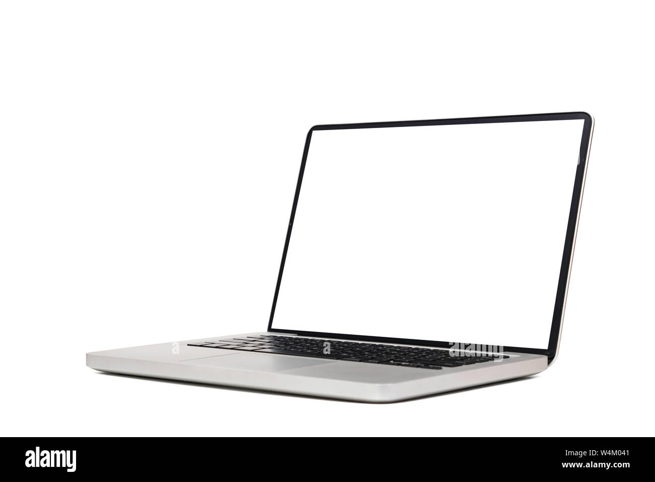 Laptop mock up mit Leeren leeren weißen Bildschirm auf weißem Hintergrund mit Freistellungspfad isoliert, Seitenansicht. moderne Computertechnik Konzept Stockfoto