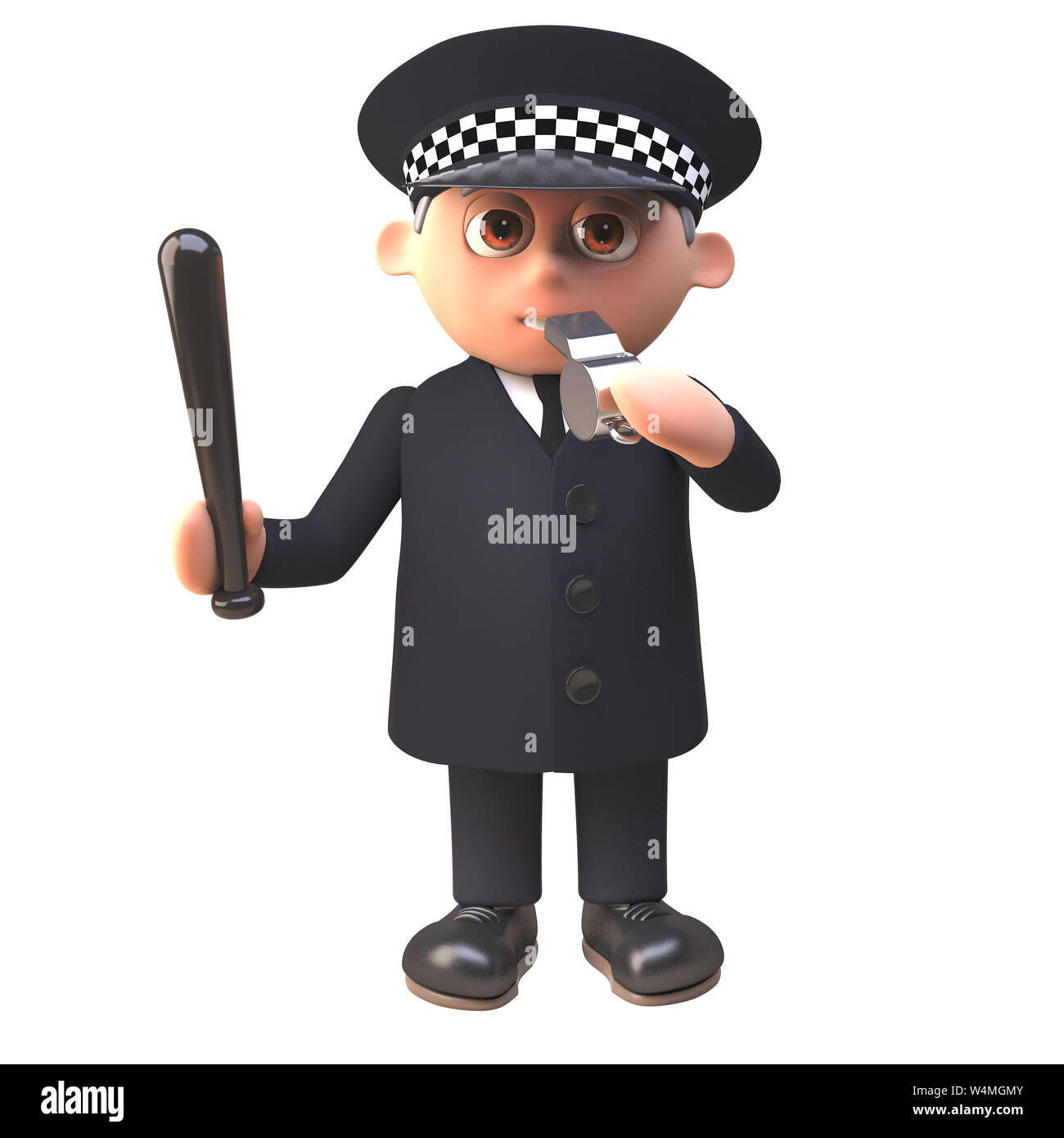 Polizist Polizist 3d-Charakter bläst seine Pfeife und übt einen Knüppel, 3d-Grafik rendern Stockfoto