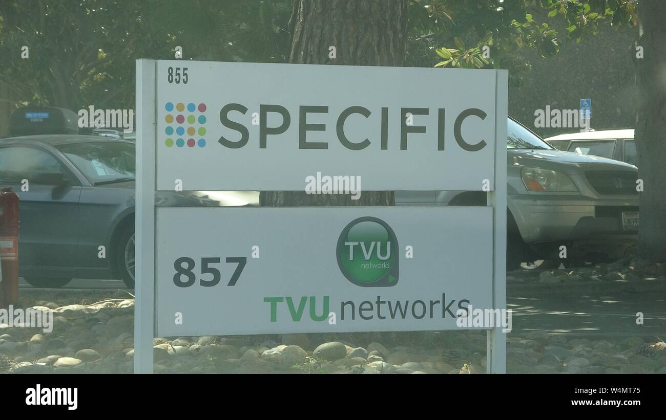 In der Nähe der Zeichen für Technologie Unternehmen spezifische und TVU Networks im Silicon Valley, in Mountain View, Kalifornien, 3. Mai 2019. () Stockfoto
