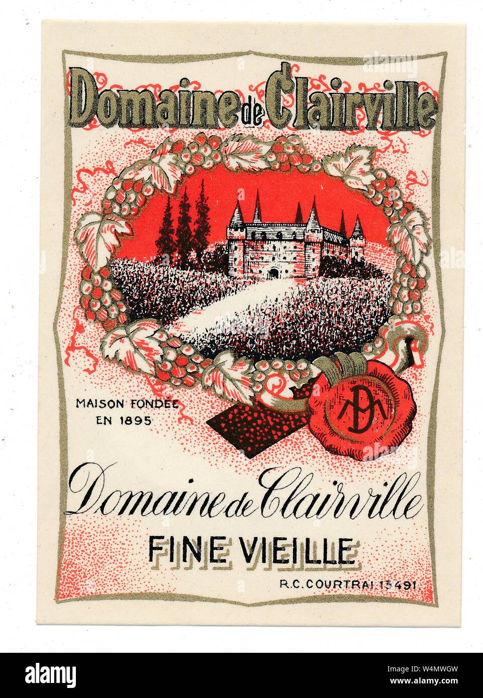Vintage Wein Etikett, mit einem Bild eines französischen Schlosses, mit der Aufschrift 'Domaine de Clairville", Frankreich, 1955. () Stockfoto