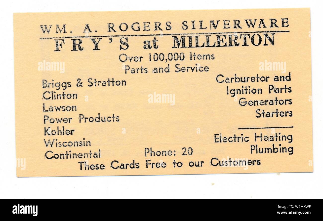 Gemeinsame Visitenkarte und Handel oder sparkarte, einlösbar für "WM ein Rogers Besteck,' und Werbemittel in der Brj und Unternehmen Hardware Store, Millerton, Iowa, 1955, zur Verfügung. () Stockfoto