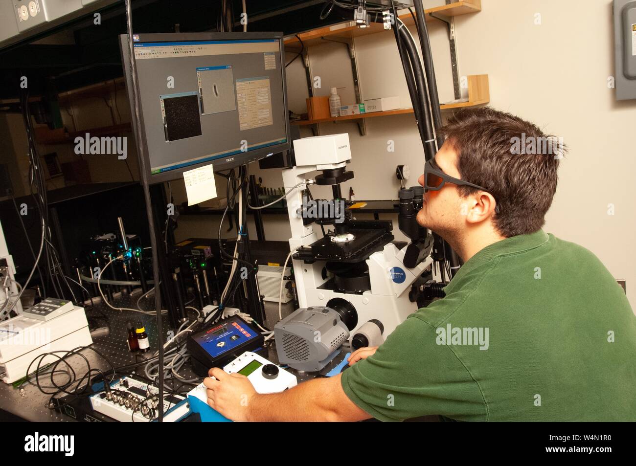 Profil anzeigen von ein Forscher in der Jenkins Abteilung für Biophysik an der Johns Hopkins University in Baltimore, Maryland, das Tragen von Schutzbrille beim Betrachten eines Bildes auf einem Bildschirm, 22. Juli 2008. Vom Homewood Sammlung Fotografie. () Stockfoto