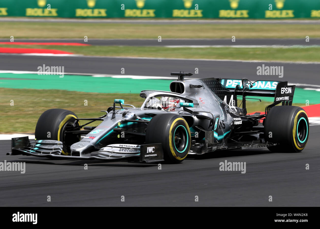 Mercedes' Lewis Hamilton während des Grand Prix von Großbritannien in Silverstone, Towcester. DRÜCKEN SIE VERBANDSFOTO. Bilddatum: Sonntag, 14. Juli 2019. Siehe PA Story AUTO British. Bildnachweis sollte lauten: David Davies/PA Wire. Stockfoto