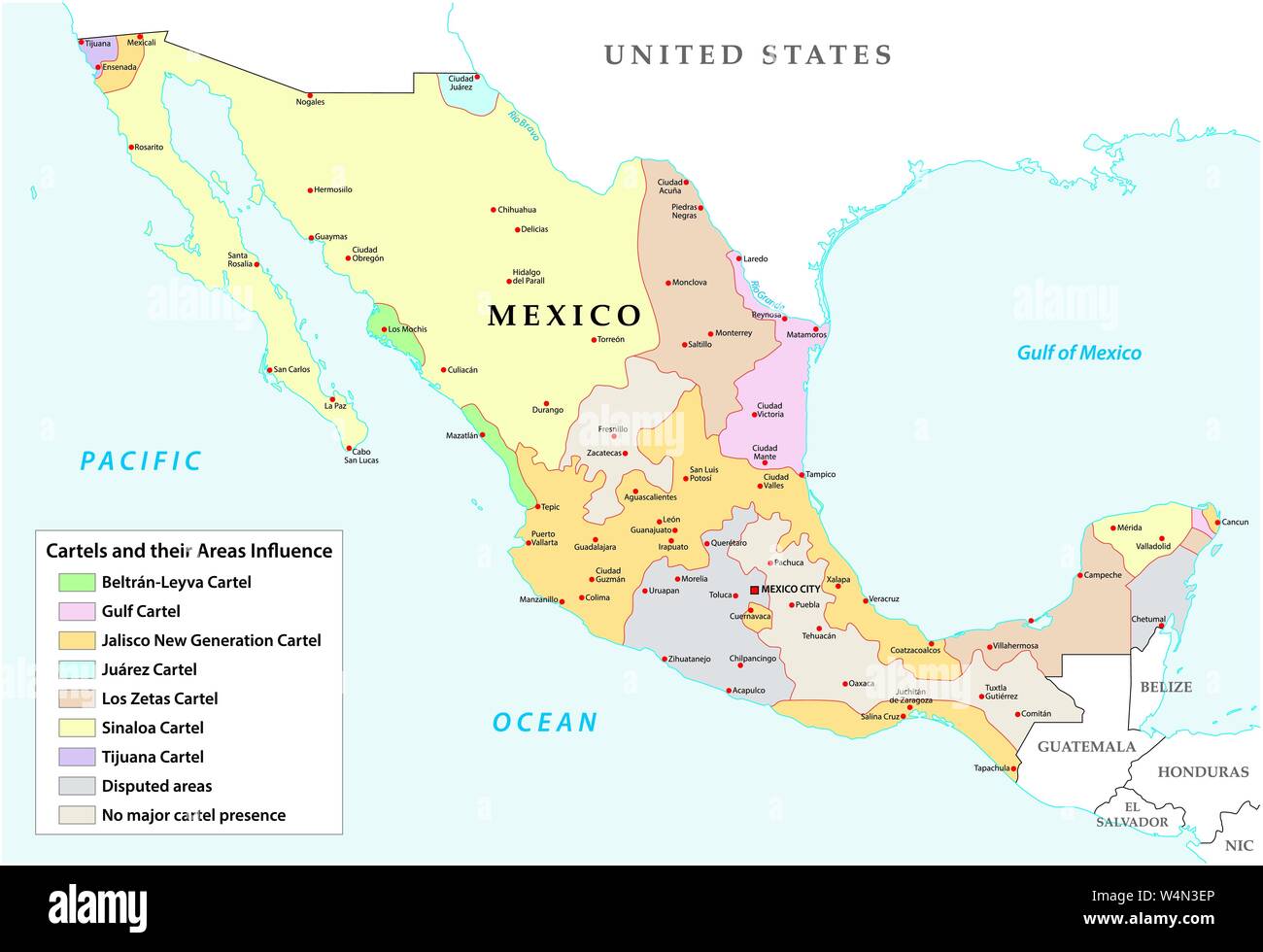 Karte von der mexikanischen Drogenkartelle und ihren Einfluss Stock Vektor
