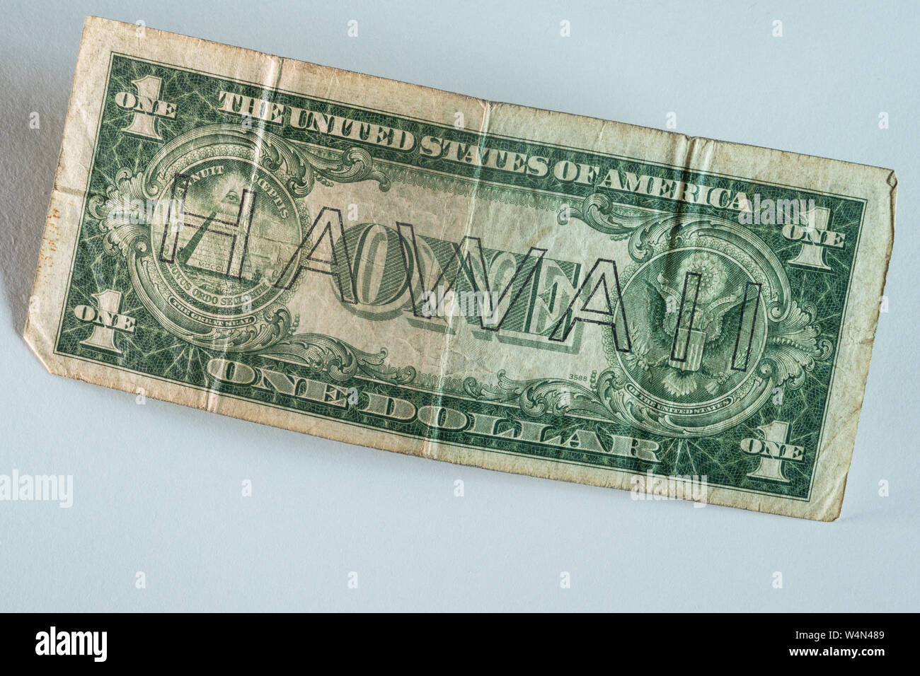 Usa 1 Dollar Bill mit dem Wort Hawaii auf es während des Zweiten Weltkrieges zwei gedruckte, USA Stockfoto
