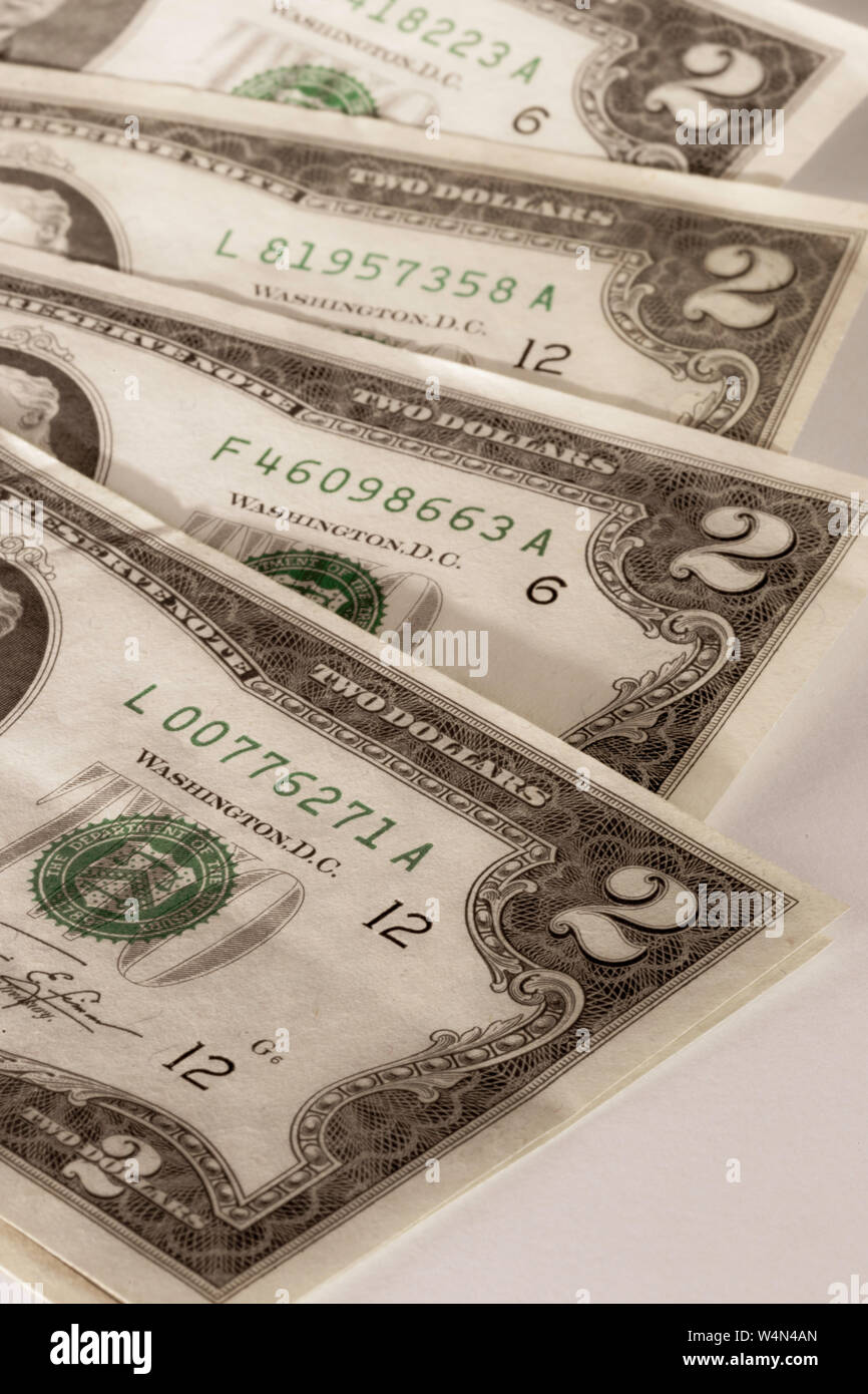 Nahaufnahme von uns zwei Dollar Bill, USA Stockfoto