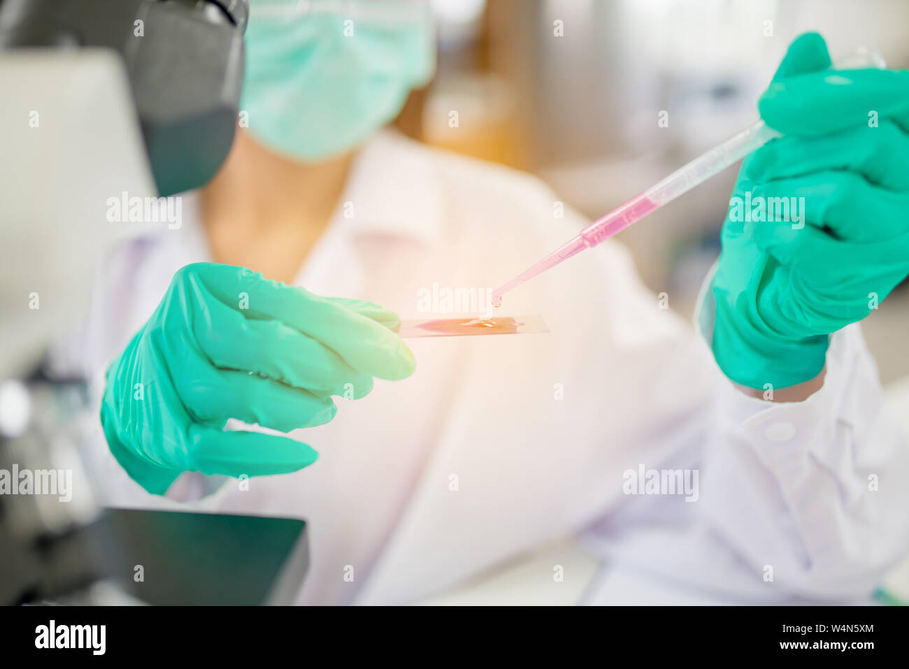 Arzt Frau oder Chemiker arbeitet mit Mikroskop in der Biologie oder Chemie Labor und Drop prüfstücks auf Folie Stockfoto