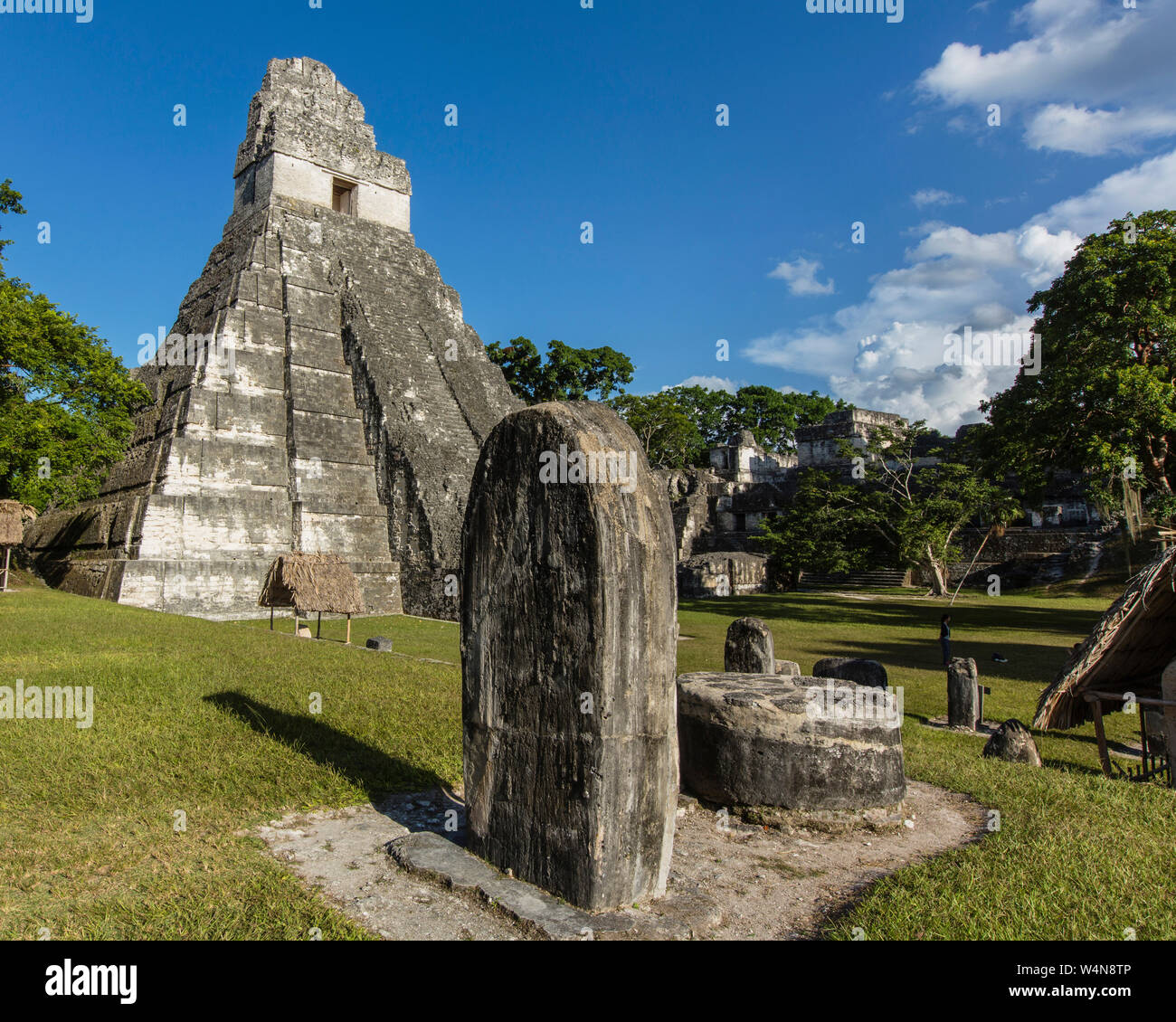 Guatemala, Tempel I oder Tempel der Großen Jaguar, ist ein grabkunst Pyramide zu Jasaw Chan K'awil, die in der Struktur im AD 734 Entombed gewidmet war, die Pyramide rund 740 abgeschlossen wurde - 750 und erhebt sich 47 Meter oder 154 Fuß hoch, eine steinerne Stele und Altar im Vordergrund, Tikal Nationalpark, ist eine archäologische Stätte der präkolumbischen Maya Kultur und seit 1979 Weltkulturerbe der UNESCO. Stockfoto