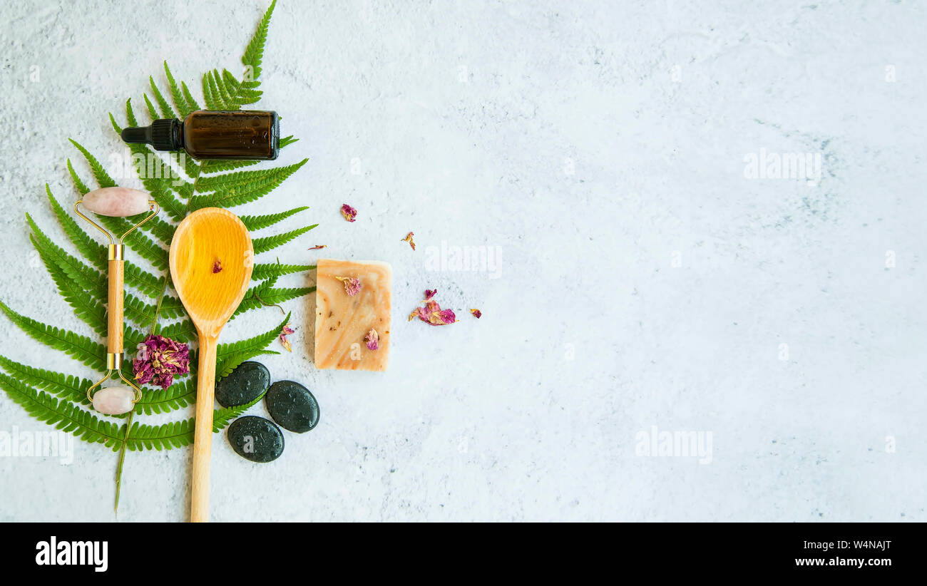 Spa immer noch Leben. Grün, botanische Spa flatlay mit Löffel aus Holz, Öl, Farnblätter, Massage Steine, natürliche Seife, Top View Wellness und Spa Hautpflege Stockfoto