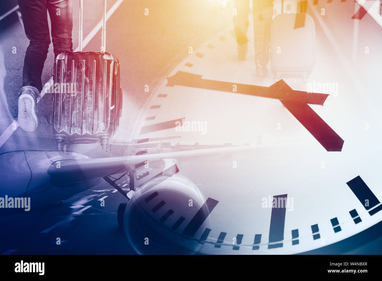 Business- und Wegezeiten Flight Travel zum Ziel der Timing Clock Konzept Hintergrund Stockfoto