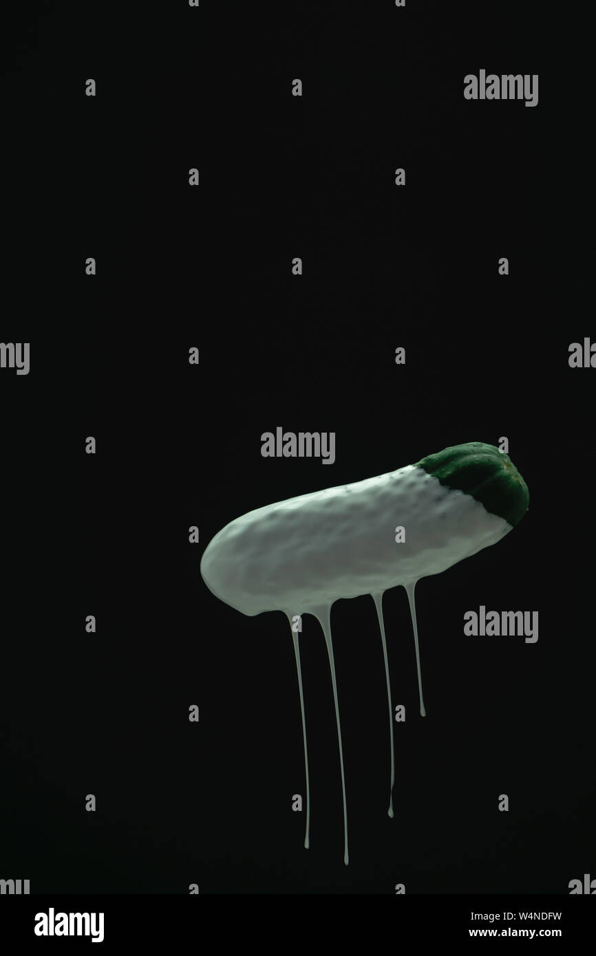 Grüne Gurke Tropfen weißer Farbe auf einem schwarzen blackground. Stockfoto