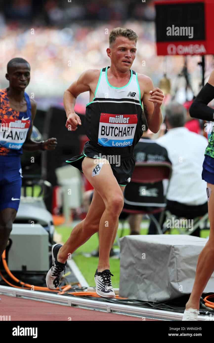 Andrew BUTCHART (Großbritannien) konkurrieren in der Männer 5000 m-Finale bei den 2019, IAAF Diamond League, Jubiläum Spiele, Queen Elizabeth Olympic Park, Stratford, London, UK. Stockfoto