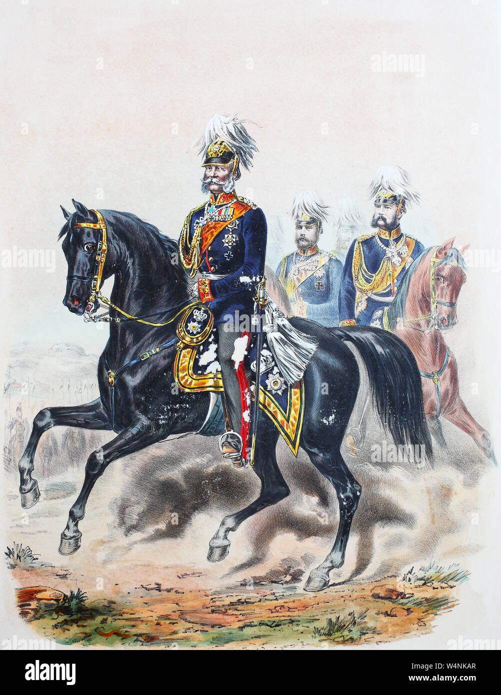 Königlich-preußischen Armee, Guards Corps, Wilhelm I., Deutscher Kaiser, mit Prinz Prinz Karl von Preußen und Prinz Friedrich Heinrich Albrecht von Preußen. Preußens Heer, Wilhelm I., Friedrich Wilhelm Ludwig von Preußen, ab 1871 der erste Deutsche Kaiser mit Prinz Friedrich Carl Alexander von Preußen und Albrecht Prinz von Preußen, Digital verbesserte Reproduktion einer Abbildung aus dem 19. Jahrhundert Stockfoto