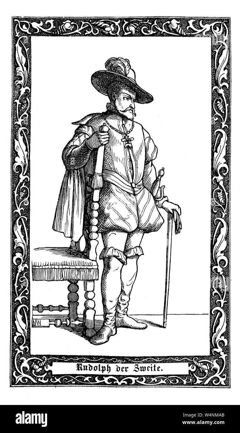 Rudolf II., war Kaiser des Heiligen Römischen Reiches, König von Ungarn und Kroatien. Rudolf II., 1552-1612, Kaiser des Heiligen Römischen Reichs, 1576-1612, Digitale verbesserte Reproduktion einer Abbildung aus dem 19. Jahrhundert Stockfoto