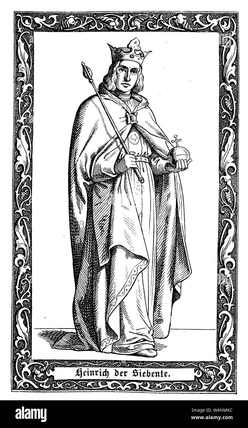 Heinrich VII., war der König von Deutschland von 1308 und Kaiser des Heiligen Römischen Reiches von 1312. Heinrich VII., 1278-1313, Haus Limburg-Luxemburg, Krieg von 1308 bis 1313 römisch-deutscher König und seit 1312 römisch-deutscher Kaiser, Digital verbesserte Reproduktion einer Abbildung aus dem 19. Jahrhundert Stockfoto