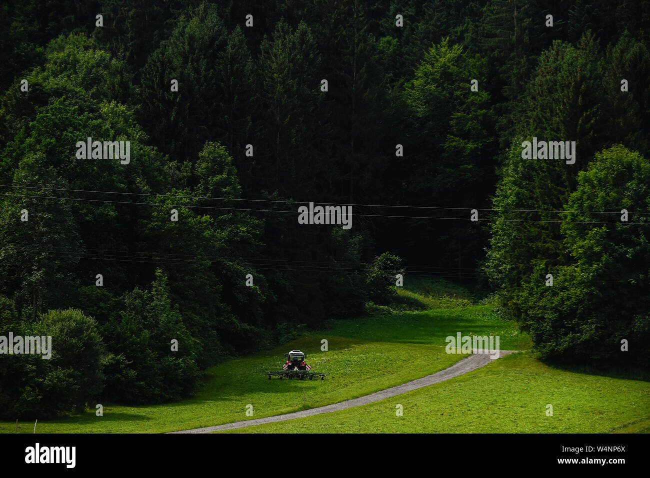 Seefeld, Österreich. 22. Juli, 2019. Ein Mann betreibt eine landwirtschaftliche Maschine. Tirol ist eine westliche österreichischen Staates in den Alpen für seine Skigebiete bekannt, Wanderwege und historischen Orten. Credit: Omar Marques/SOPA Images/ZUMA Draht/Alamy leben Nachrichten Stockfoto