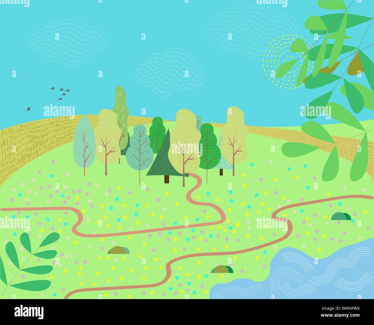 Abbildung: ein Cartoon Sommer oder Frühling Jahreszeit Land Landschaft, mit Road Trail in Richtung Horizont. Vector Illustration. Stock Vektor