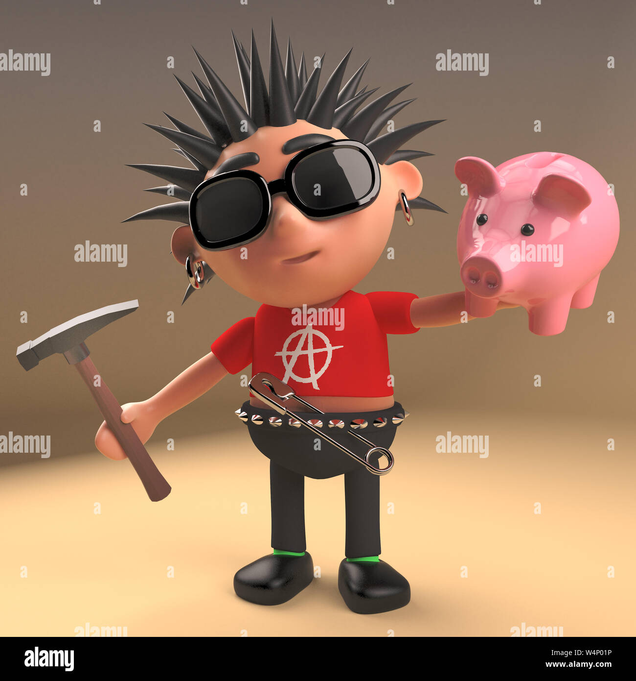 Schlechte punk rock Zeichentrickfigur über Sparschwein mit Hammer zu zerschlagen, 3d-Grafik rendern Stockfoto