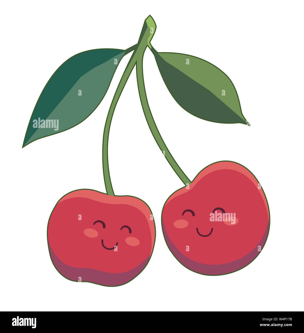 Ein paar Glücklich lächelnde cute Cartoon kawaii Kirschen. Red Cherry mit grünen Blättern auf einem weißen Hintergrund. Vector Illustration. Liebe und Stock Vektor