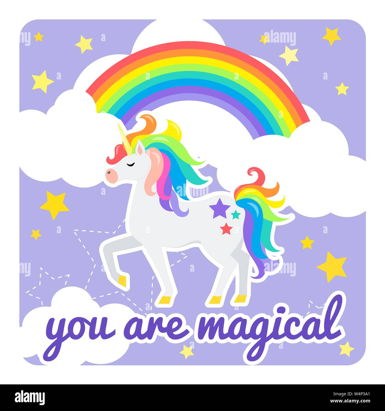 Cute Vector Karte mit Einhorn und Regenbogen. Sie sind magisch. Stock Vektor