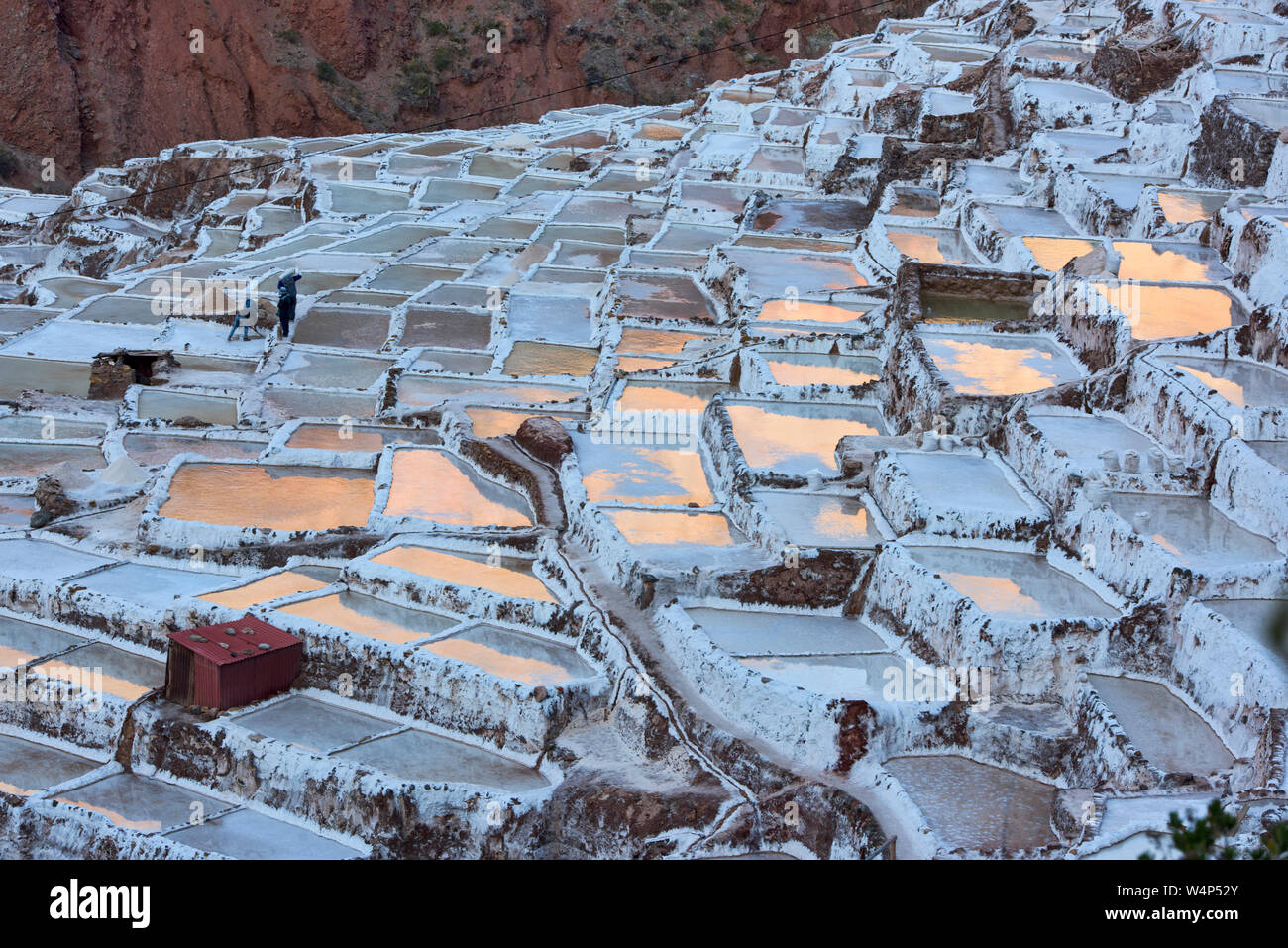 Sonnenuntergang Reflexionen über die Salinen von Maras, das Heilige Tal, Peru Stockfoto