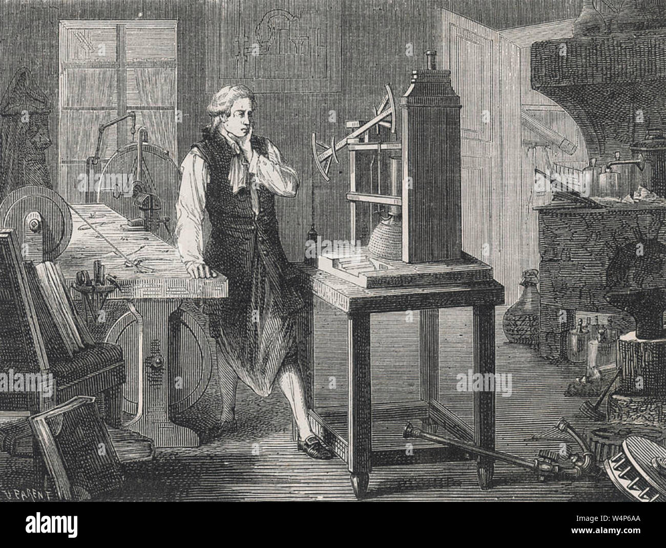 JAMES WATT (1736-1819) schottischer Erfinder nachdenken, ein Modell von Thomas Newcomen'sDampfmaschine Stockfoto